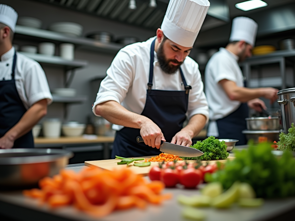 Szef kuchni kroi warzywa w profesjonalnej kuchni restauracyjnej z innymi kucharzami w tle.